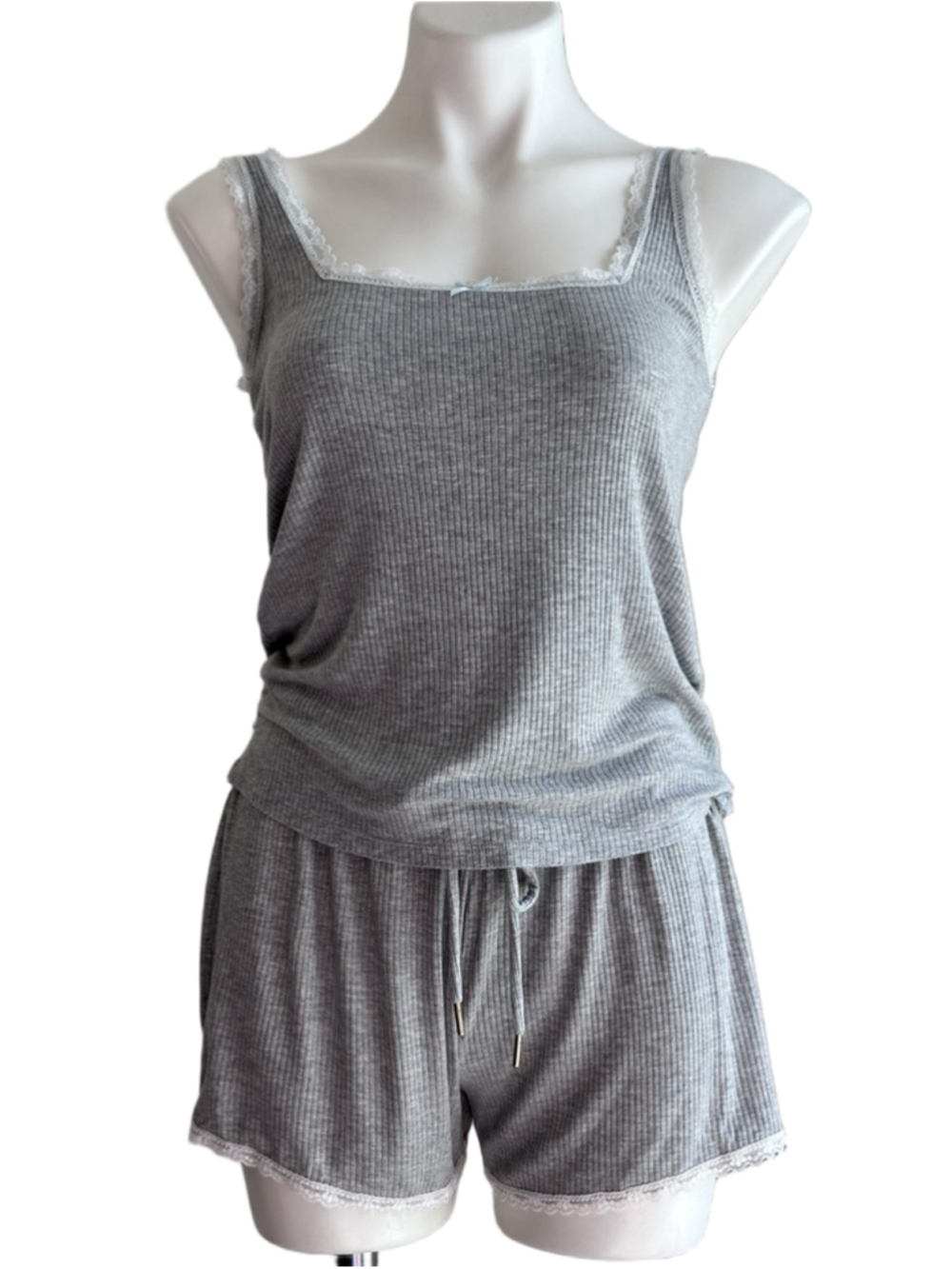 Women's HoneyDew Gray Ribbed Pajama Set with Lace Trim S